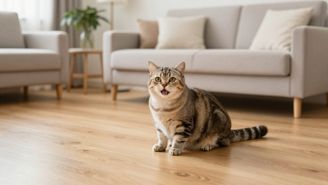Gemütliches, sauberes Wohnzimmer mit entspannter Katze auf dem Boden – ohne verstreute Katzenstreu