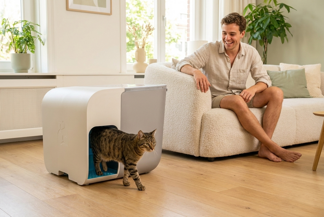 Katzentoilette Cloou mit herauslaufender Katze und sauberem, streufreiem Boden – zufriedener Katzenhalter im hellen Wohnzimmer