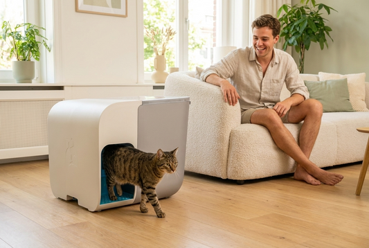 Katzentoilette Cloou mit herauslaufender Katze und sauberem, streufreiem Boden – zufriedener Katzenhalter im hellen Wohnzimmer